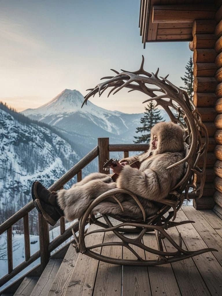 Eskimo Guitarist on Antler Rocking Chair