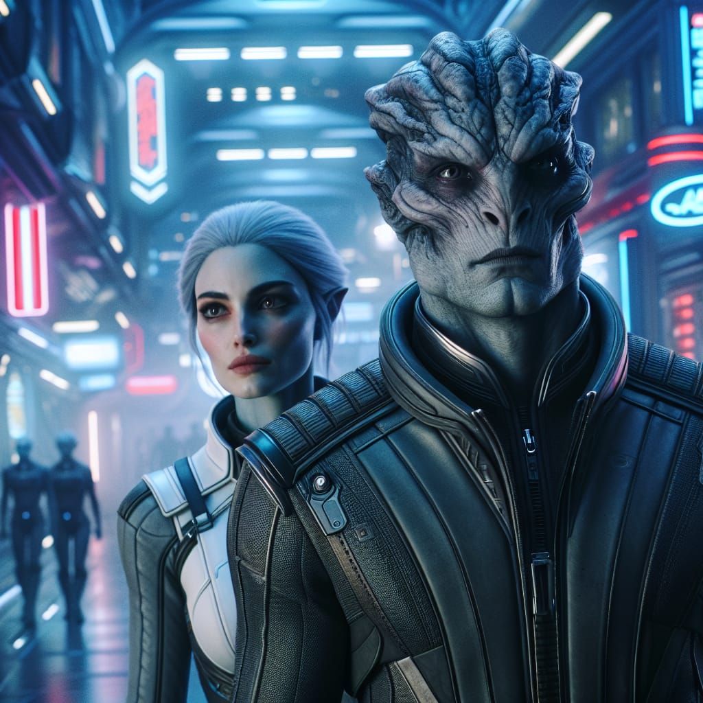 Futuristic Couple in Neon-Lit Space Station Corridor