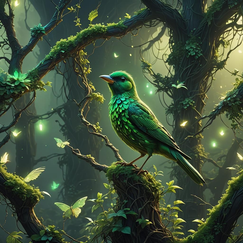 Glowing Green Bird in Digital Matte Painting Style