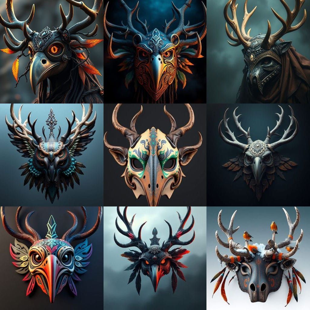 Viking Tribal Bird Mask with Deer Antlers in Fantasy Concept...
