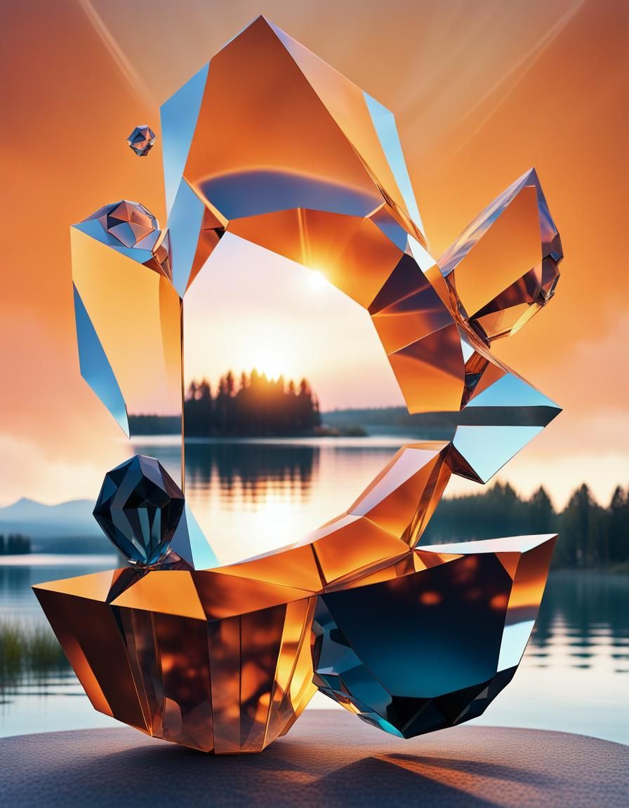 Abstract Crystal Structure Over Lake at Sunset