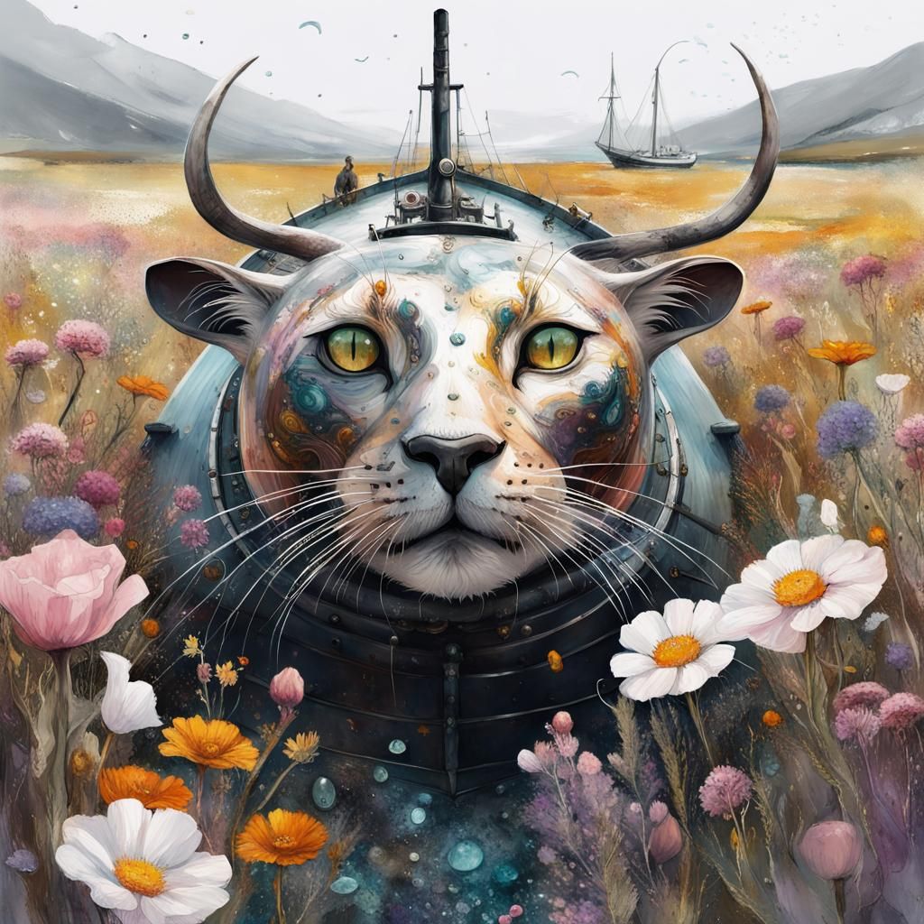 Surreal Sealions in Afrofuturistic Flower Field