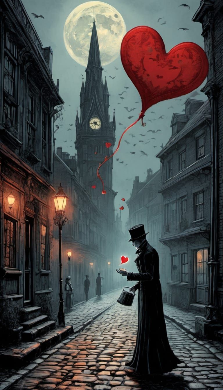 Gothic Illustration of a Man Offering Heart on Cobblestone S...