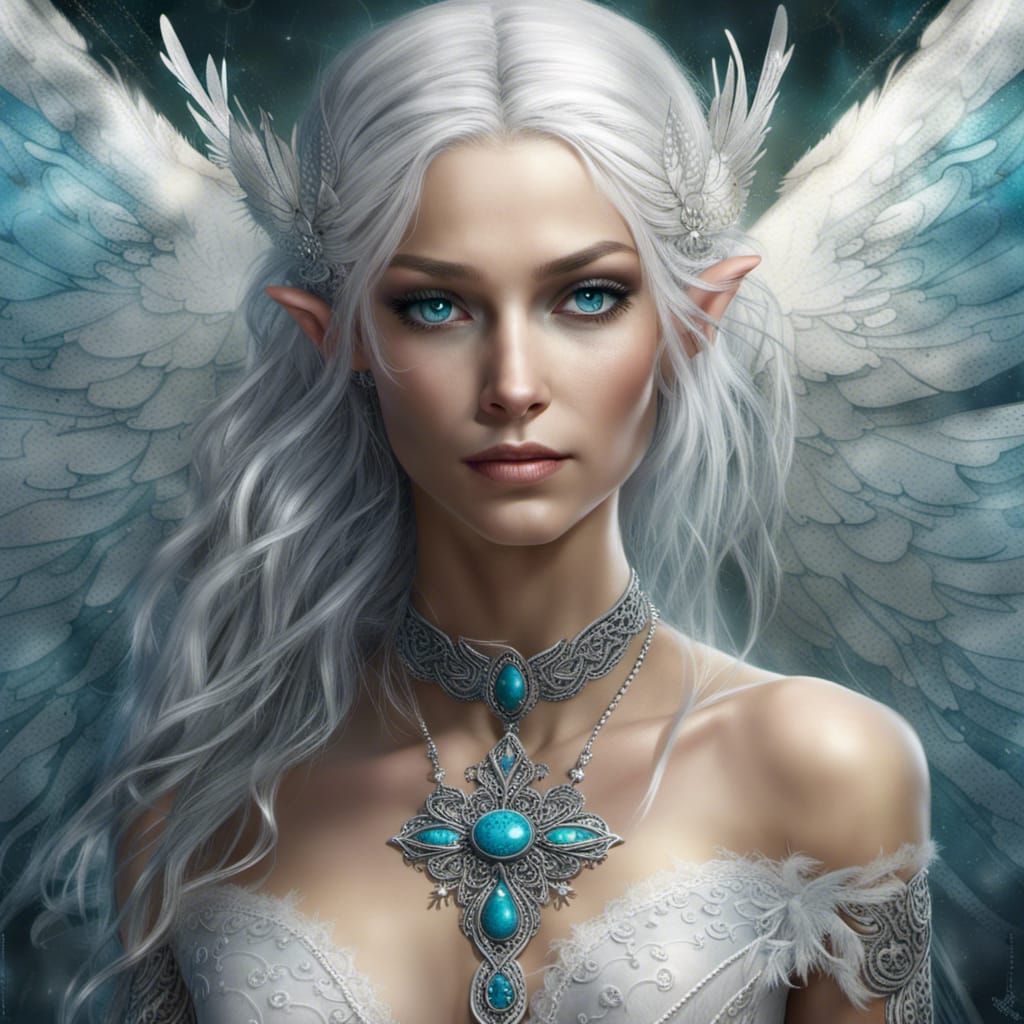 Winged Silver Haired Elf in Detailed Matte Painting
