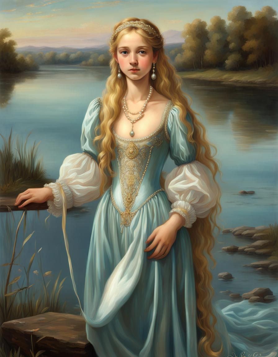 Renaissance Girl in Silver Gown by Lake
