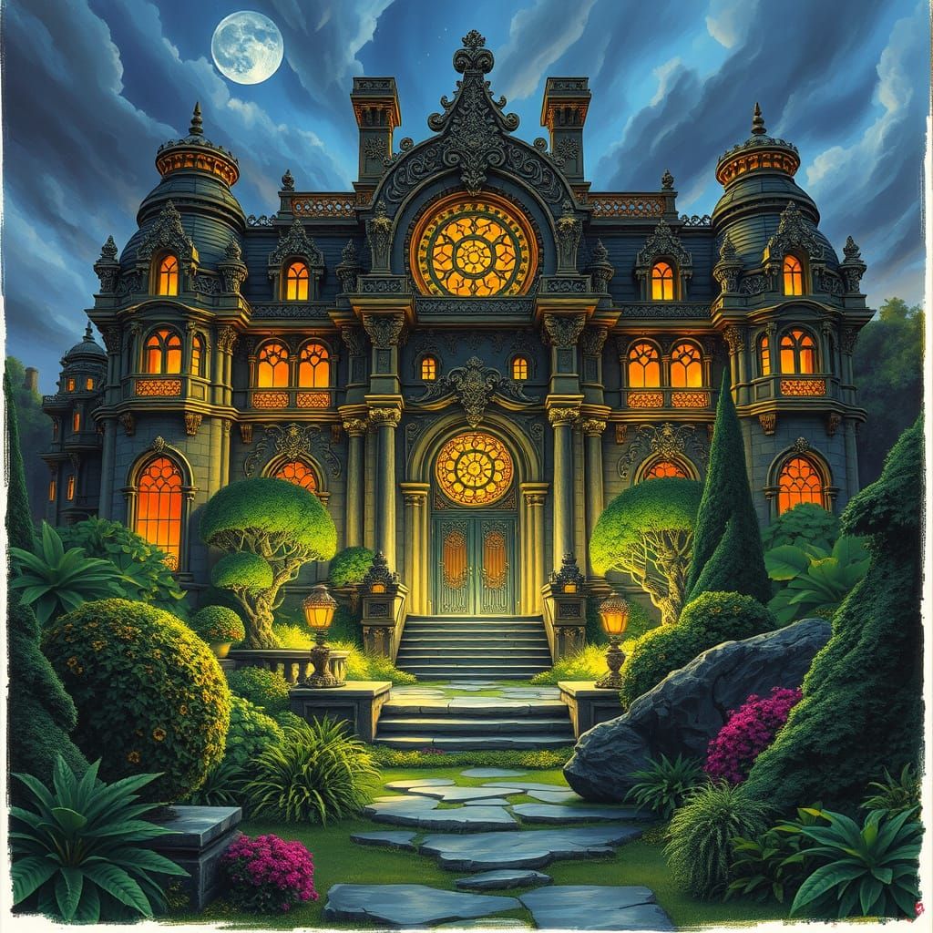 Opulent Mansion in Lush Gardens, Illustrative Style