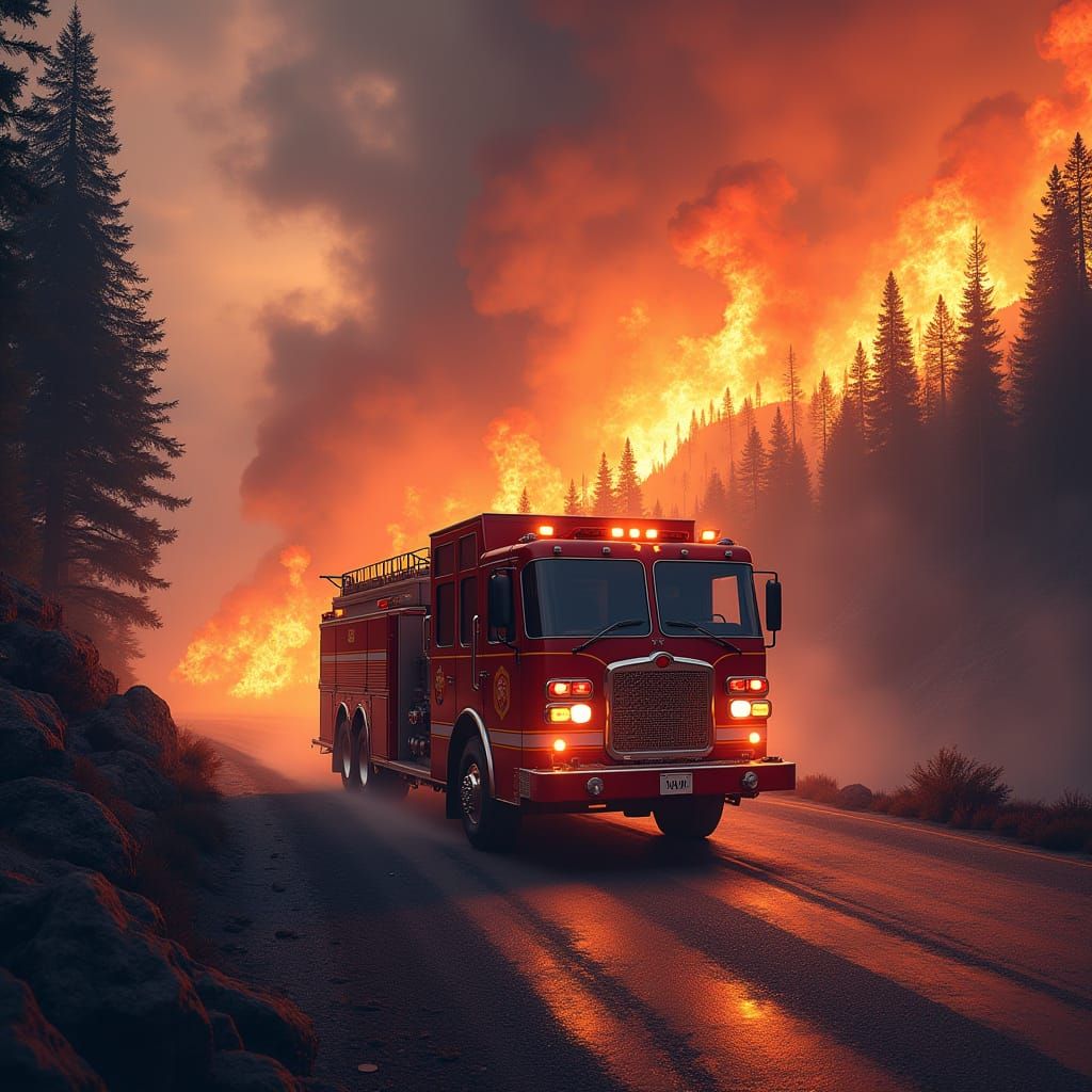Majestic Firetruck Battles Raging Wildfire in High-Contrast ...