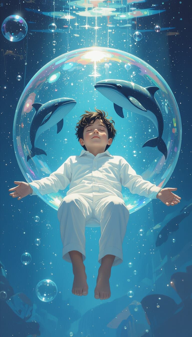 Boy in Bubble with Whale: 3D Render