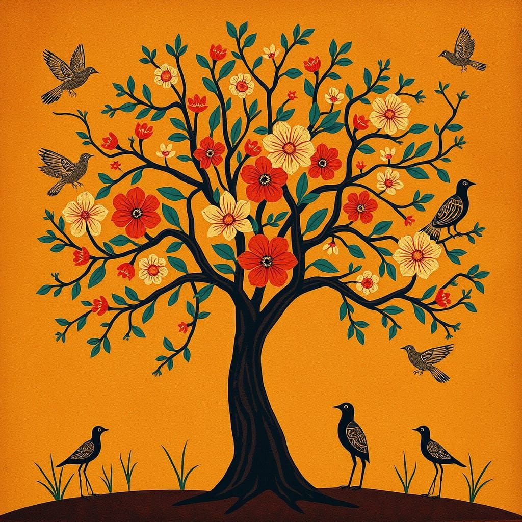 Native American Art Inspired Tree with Geometric Birds