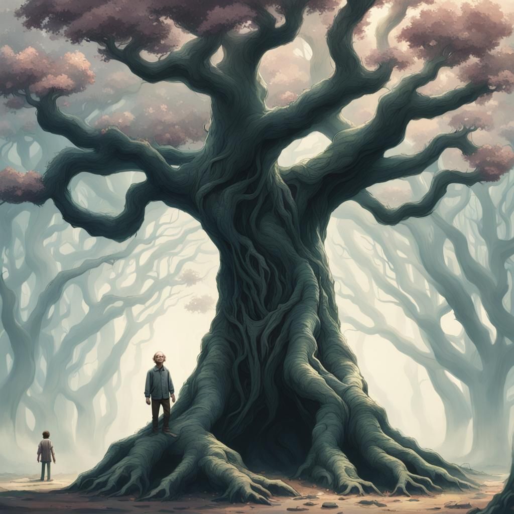 Gollum in Modern Clothes Before Ethereal Tree