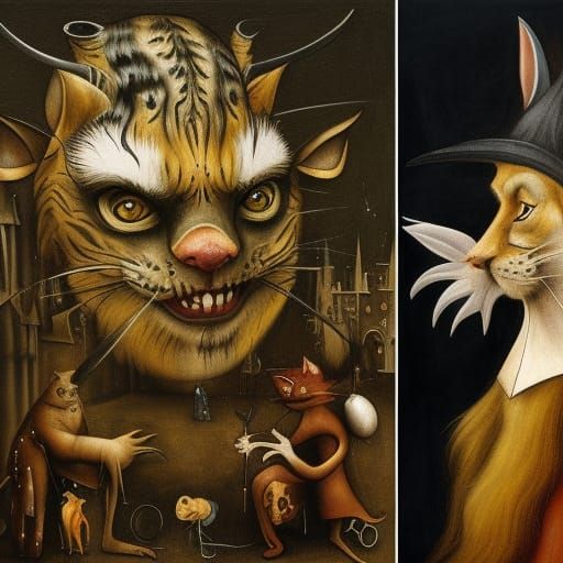 Surreal Cats in a Hieronymus Bosch Style Painting
