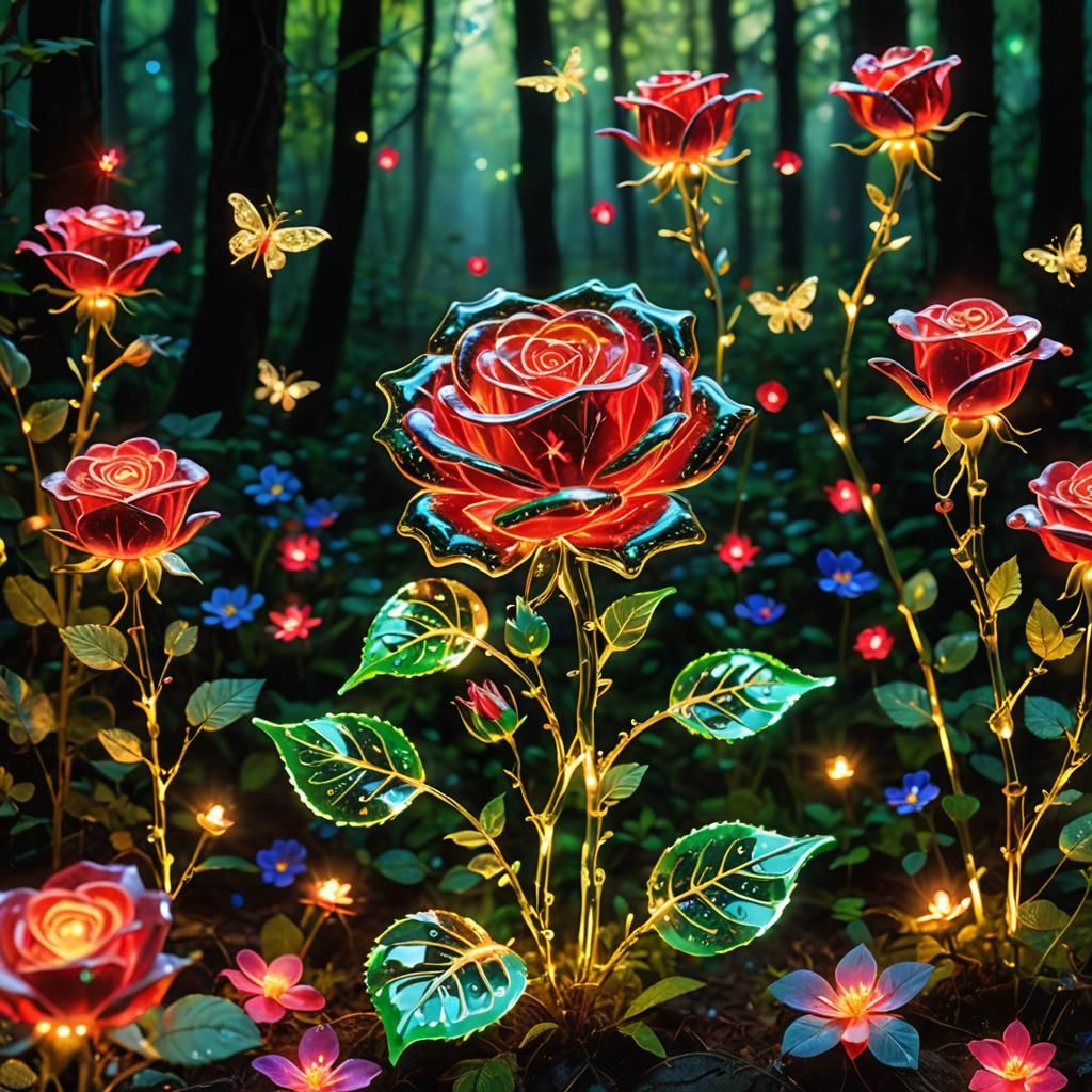 Bioluminescent Crystal Rose in Magical Forest