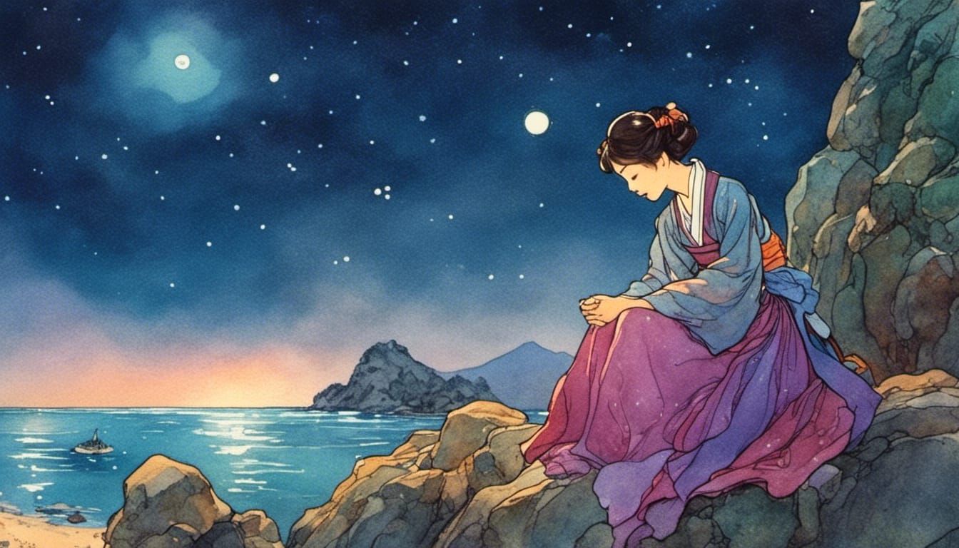 Korean Woman Hanbok Stargazing in Anime Style