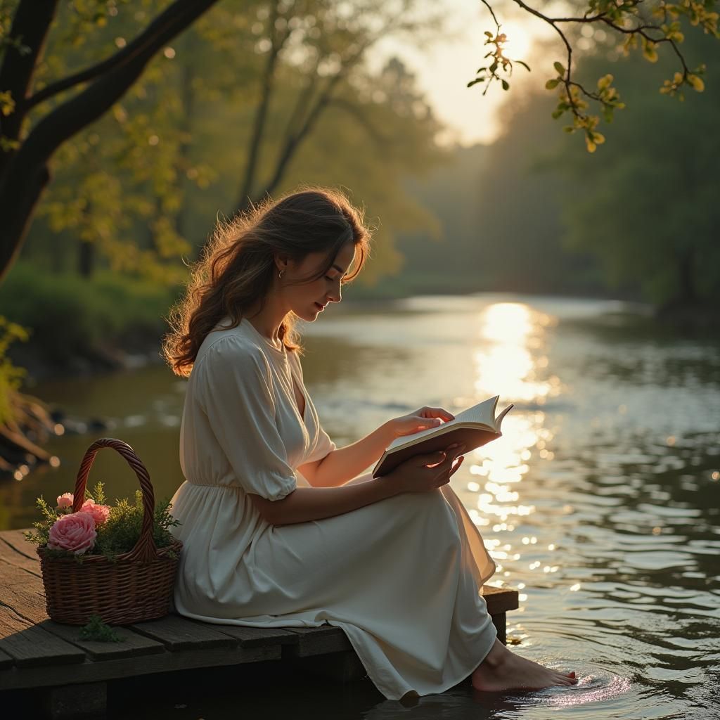 Woman Reading by River at Sunset