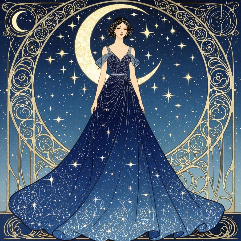 Elegant Navy Blue Celestial Gown with Moon and Stars