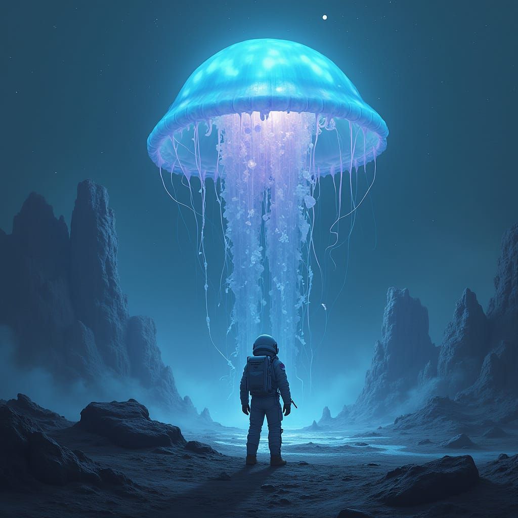 Astronaut Contemplates Celestial Jellyfish on Alien Planet i...