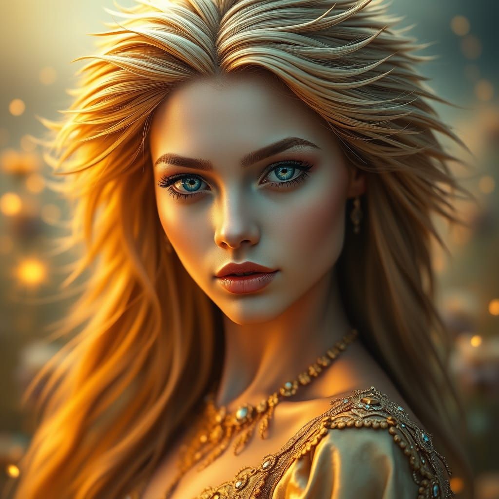 Woman with Blue Eyes and Metallic Hair in Fantasy Landscape