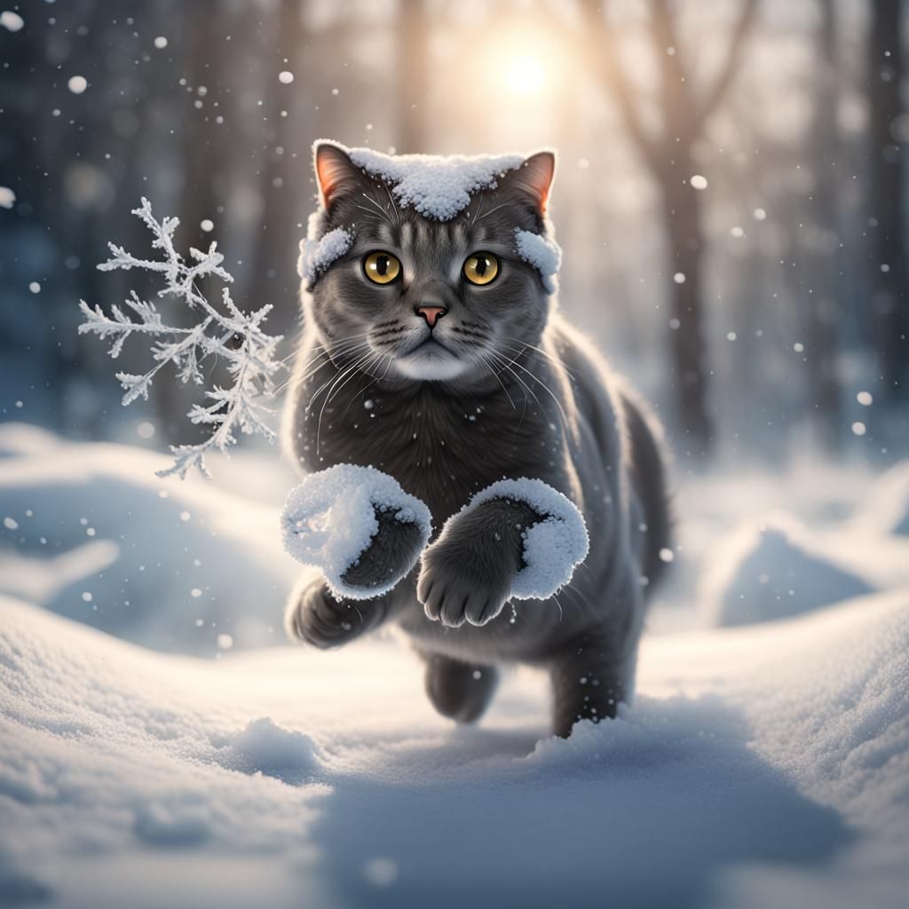 Scottish Fold Cat Frolics in Winter Snow