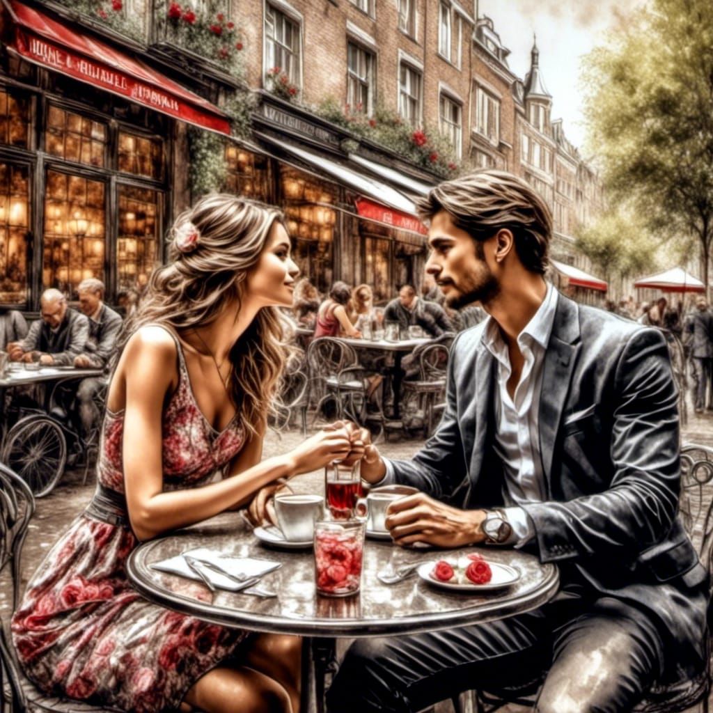Watercolor Couple at Amsterdam Cafe with Roses
