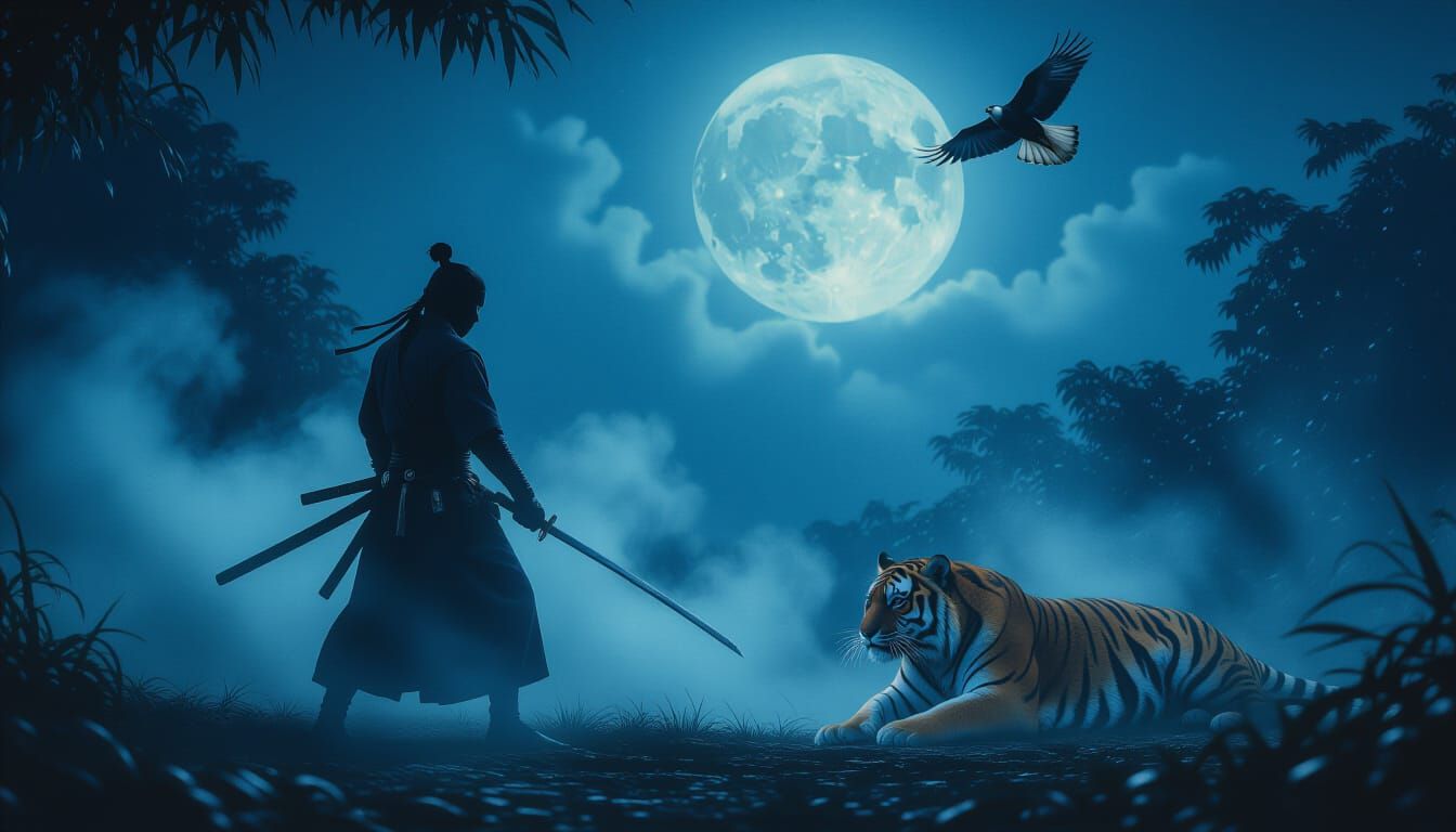 Ninja, Tiger, and Falcon Under Moonlit Night