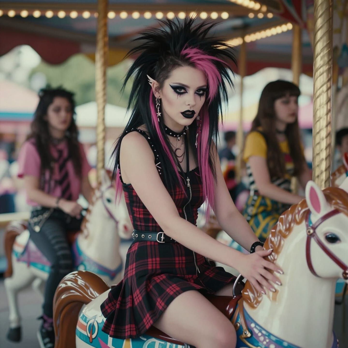Punk Girl Rides Carousel in Cinematic Film Still