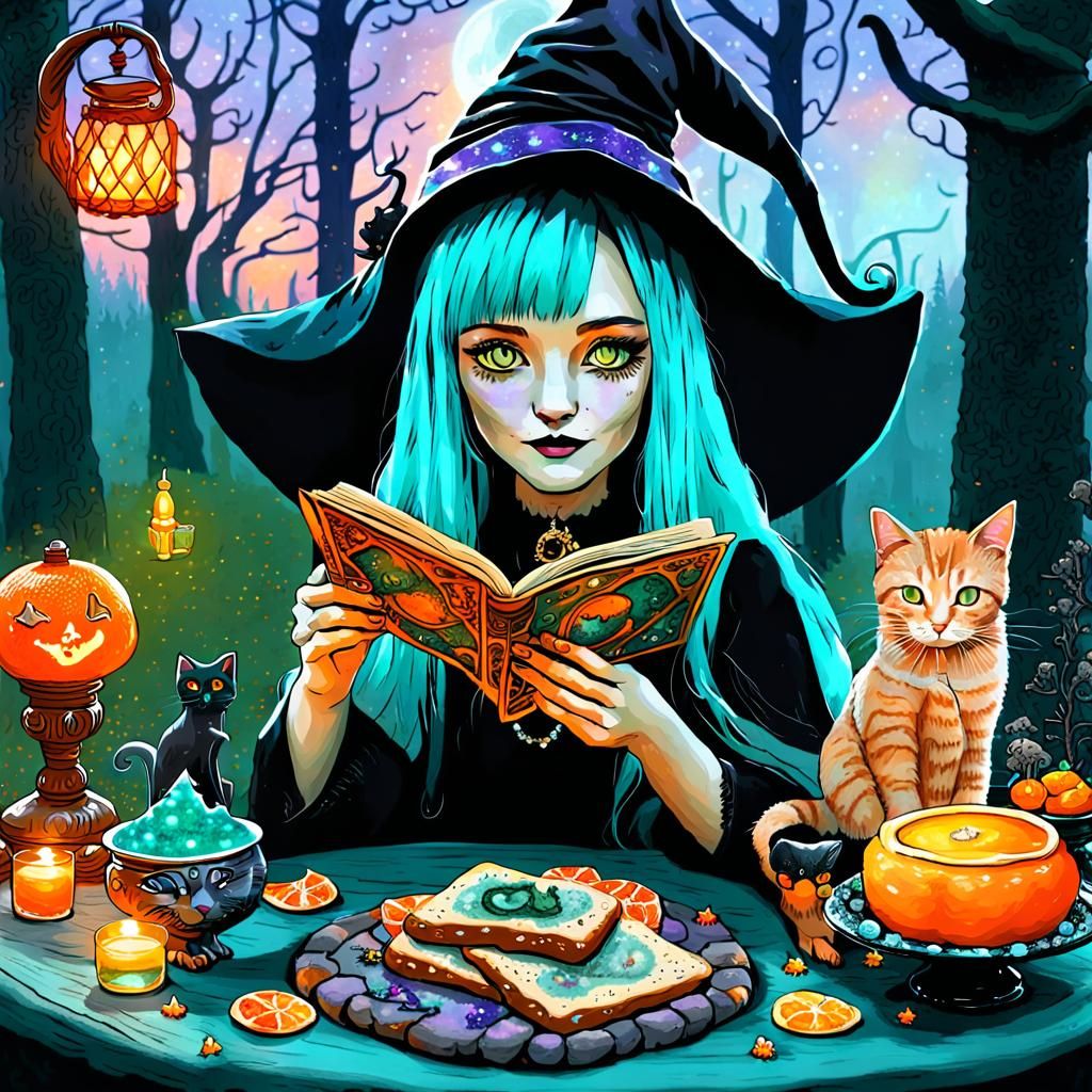 Enchanting Witch Reading Tarot by Fireside