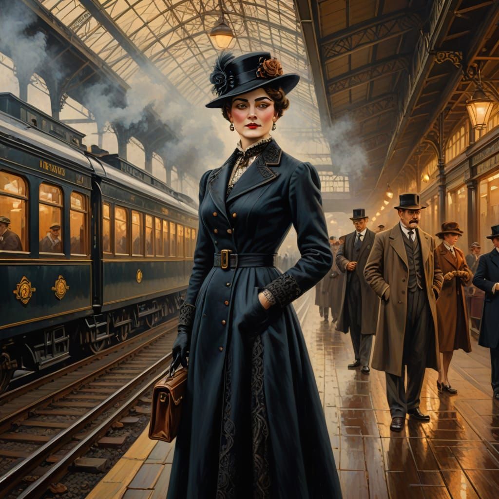 Victorian Woman Posing at Railway Station as Oil Painting