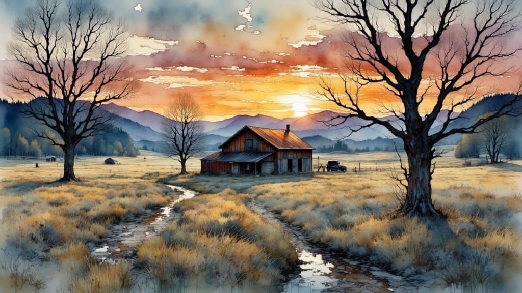 Sunset Rural Landscape in Watercolor Style