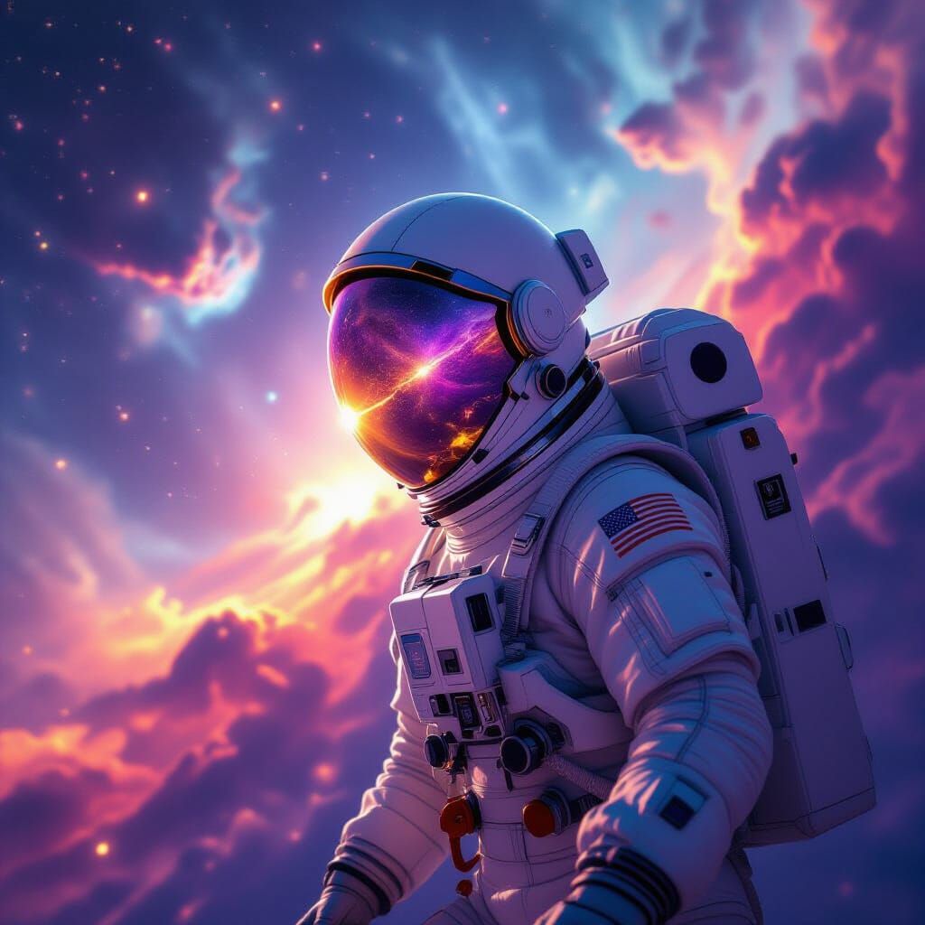 Astronaut Drifting Through Luminous Nebula in Digital Matte ...