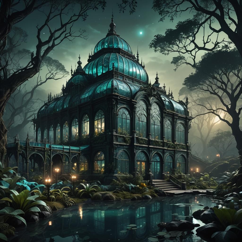 Dark Teal Botanical Conservatory in Spooky Forest