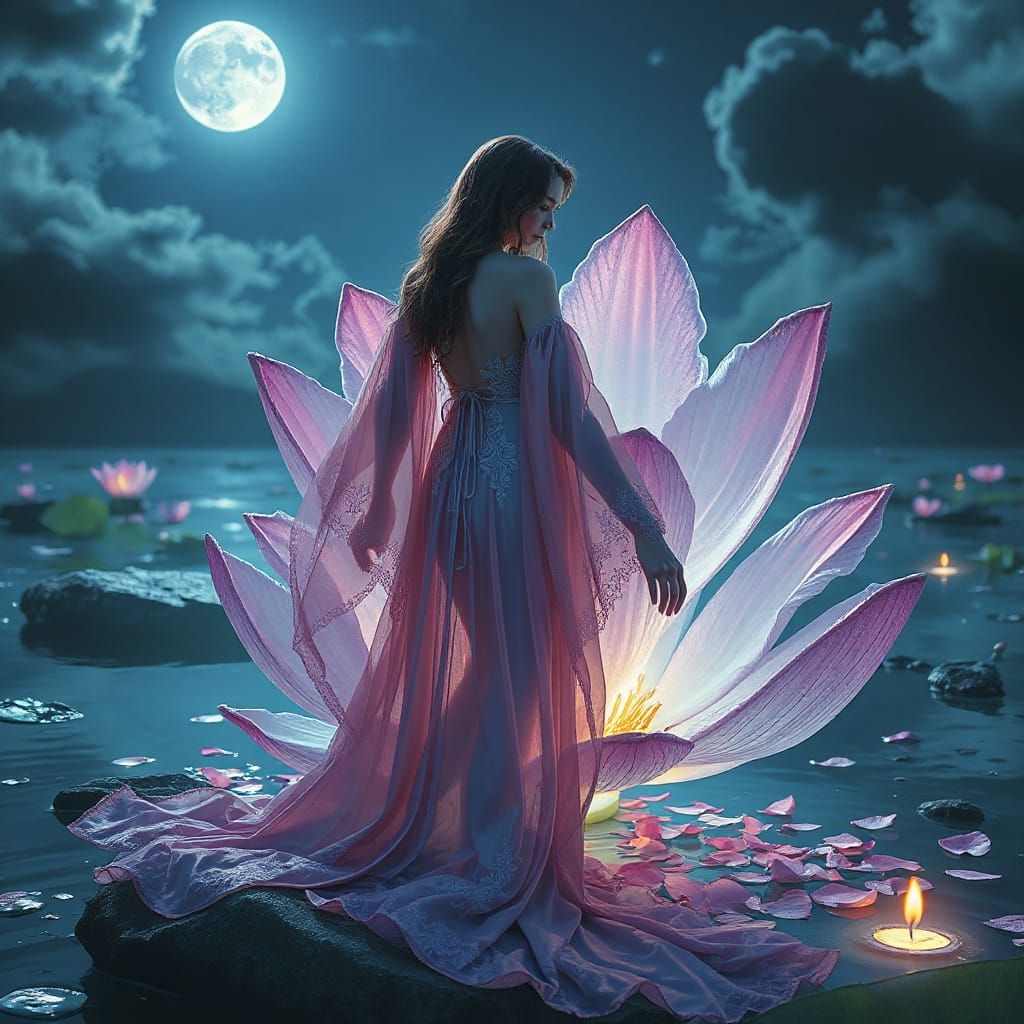 Ethereal Woman in Luminous Water Lily Garden