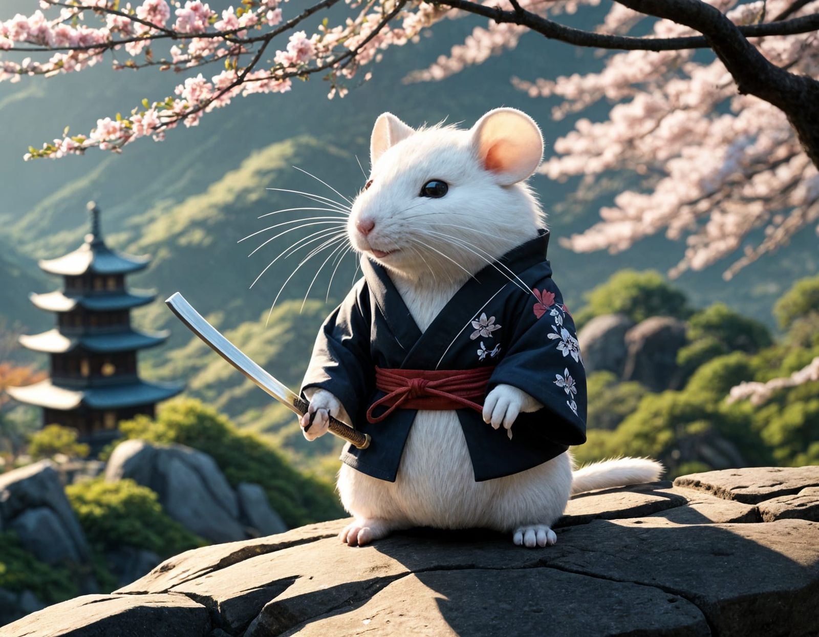 Samurai Rat Plushie on Windswept Hill in Anime Style