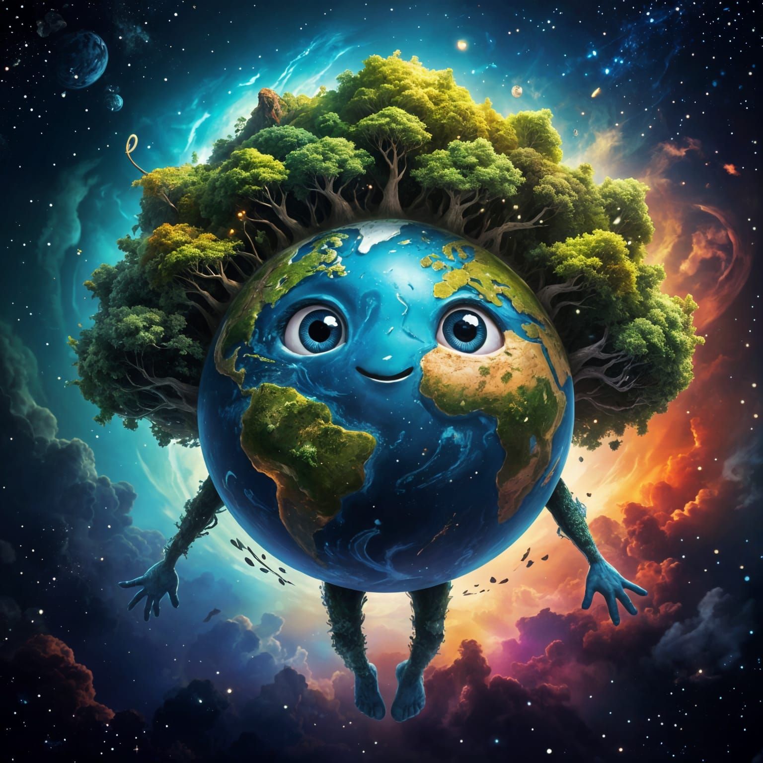 Smiling Earth Globe Character in Space