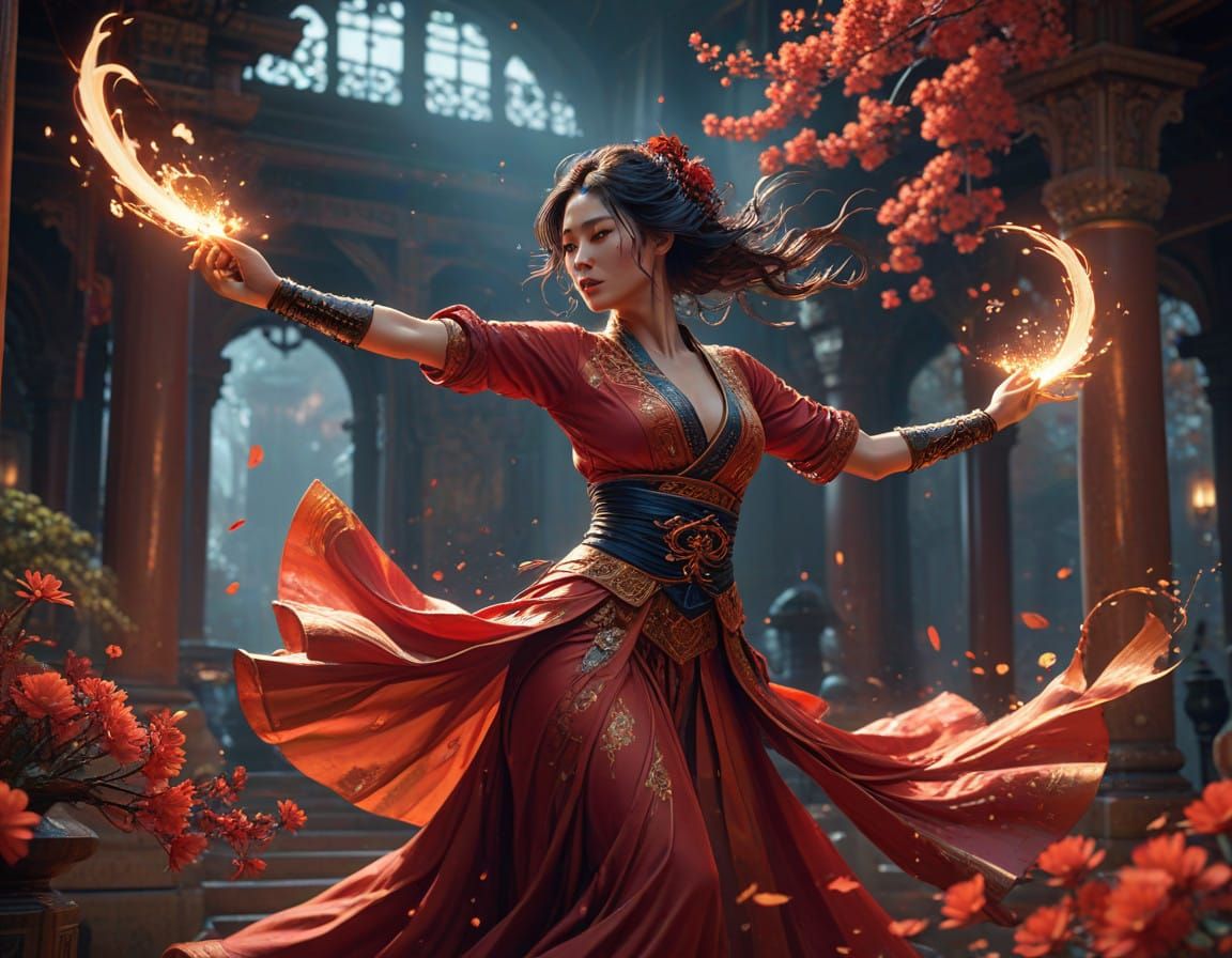 Japanese Warrior Bride Engages in Fiery Aerial Combat