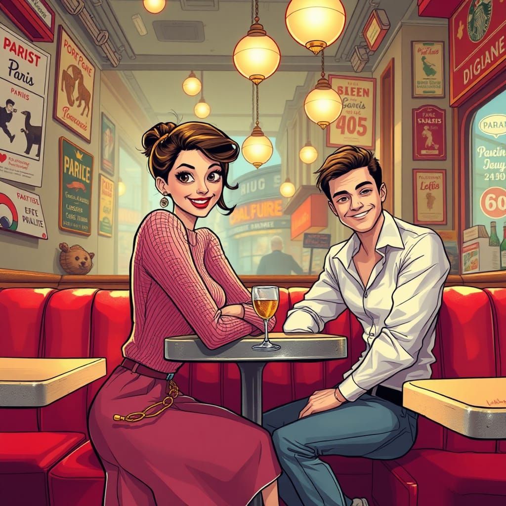 Retro Diner Romance in Graphic Novel Style