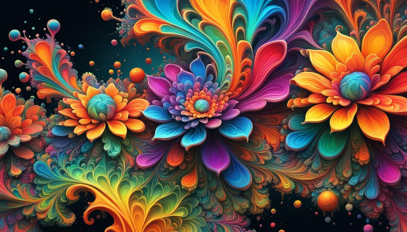 Neon Rainbow Mandelbulb Floral Fractal in Graffiti Style