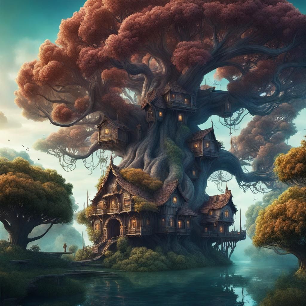 Fantasy Landscape with Hidden Homes in Giant Trees