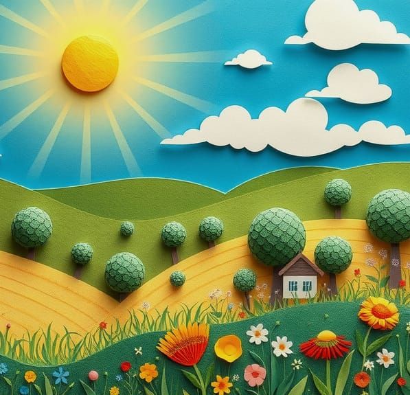 Papercraft Pastoral Scene with Wildflowers