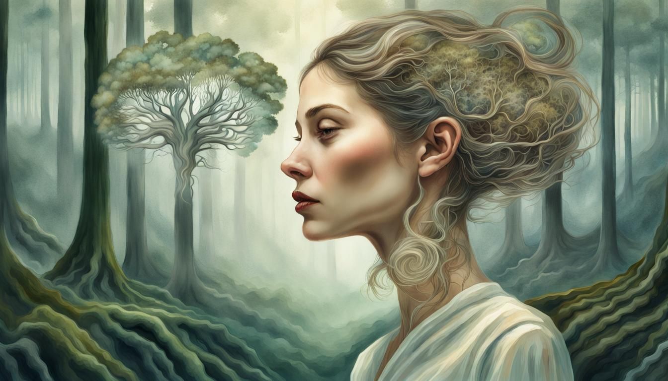 Surreal Woman Reflecting in Forest, Watercolor Style
