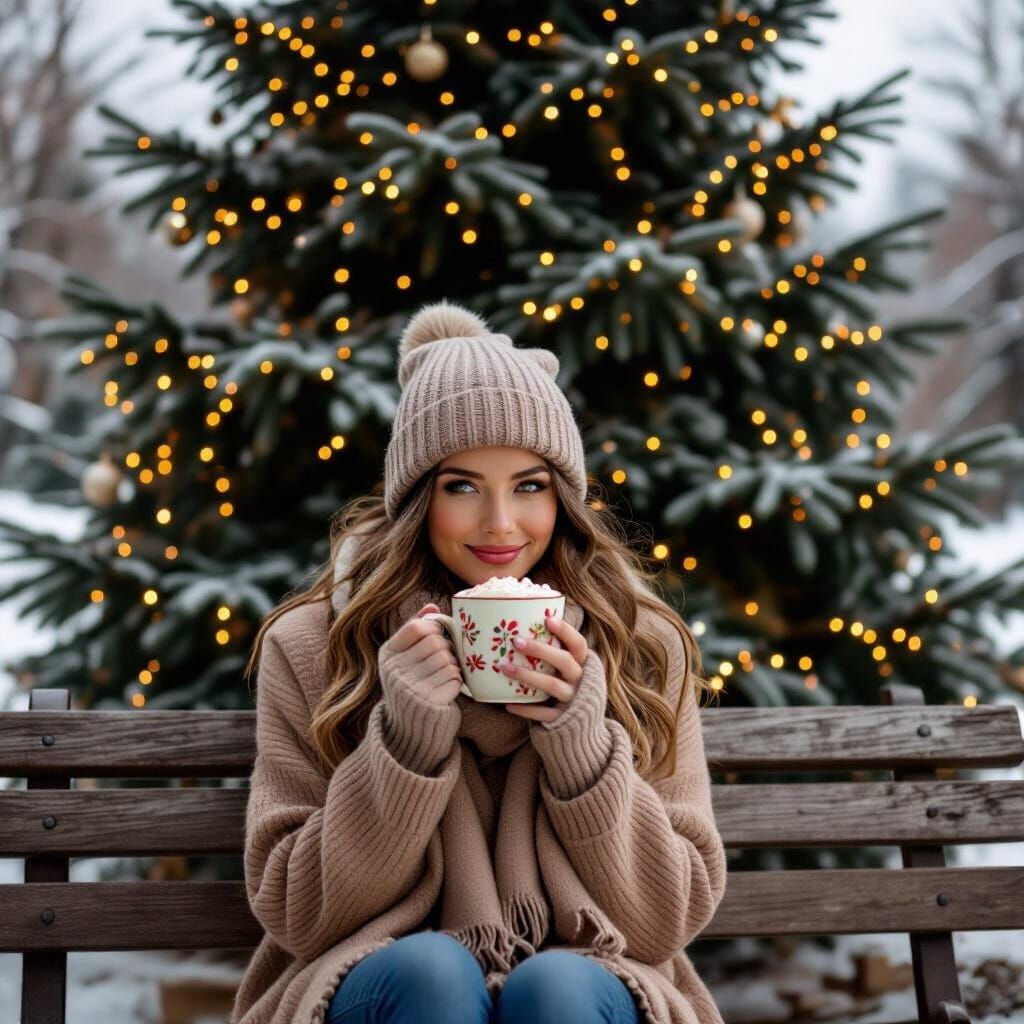 Cozy Christmas Scene with Girl and Hot Chocolate