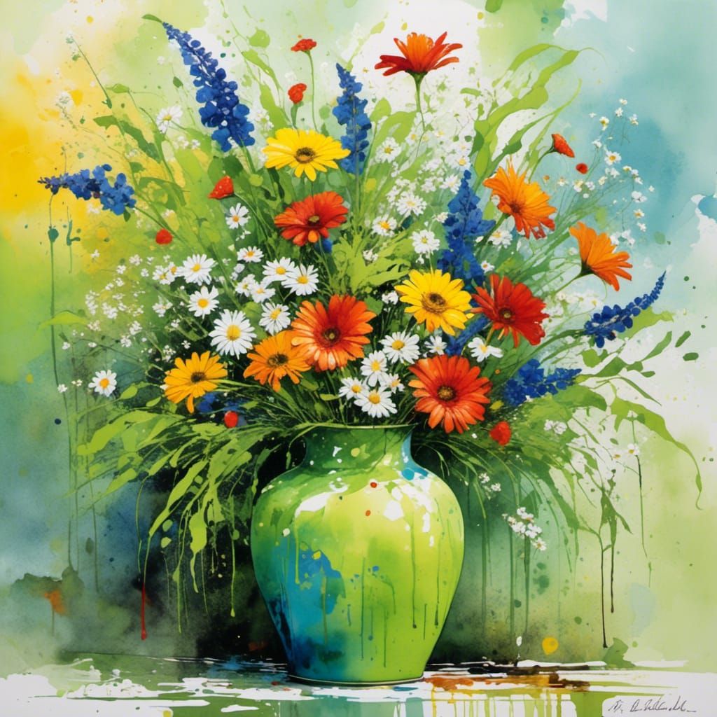 Lime Green Vase with Lillies in Watercolor Splash