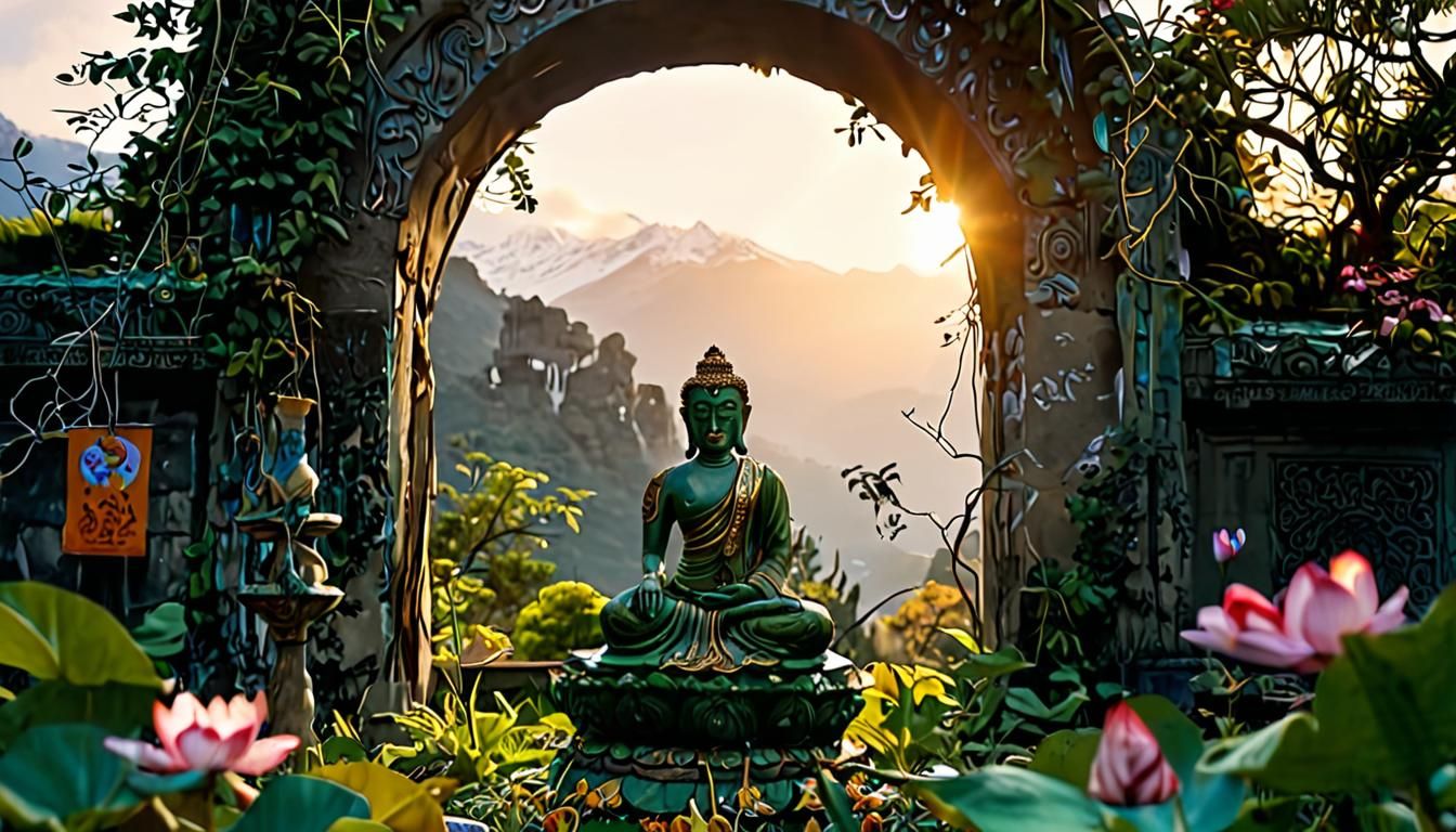 Green Tara Statue in Tranquil Garden, Thangka Style