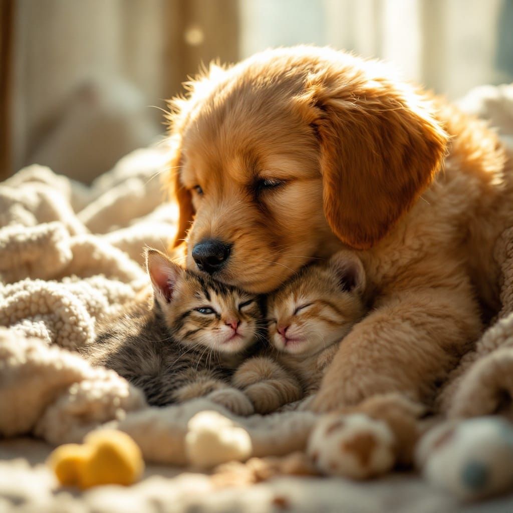 Warm Moment of Puppy and Kitten Snuggled Up Together in Cozy...