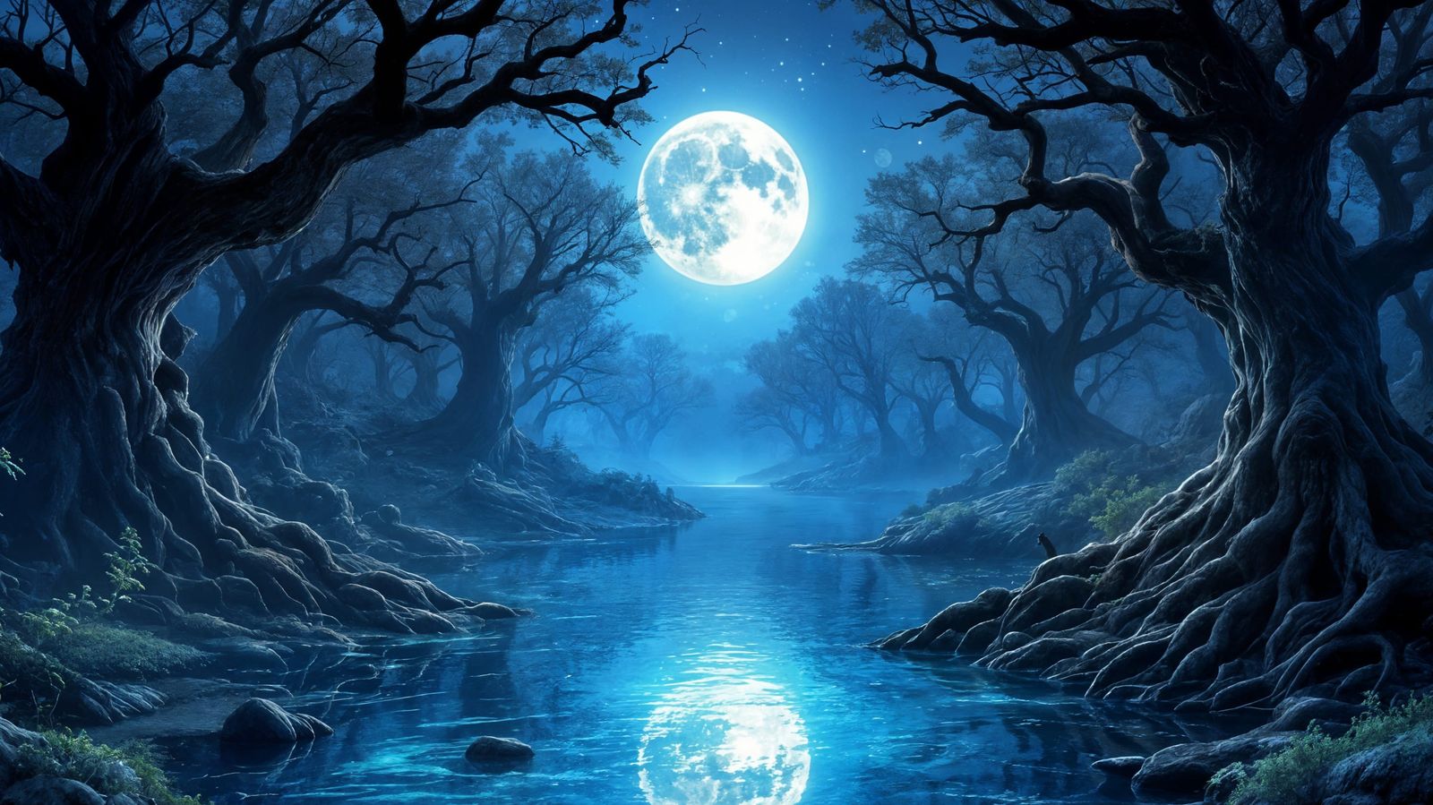 Full Moon Reflecting in Primordial Forest Pool