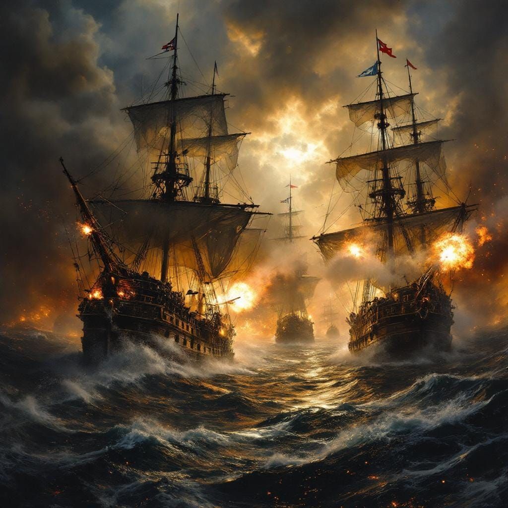 Epic Naval Battle in Dramatic Oil Painting Style