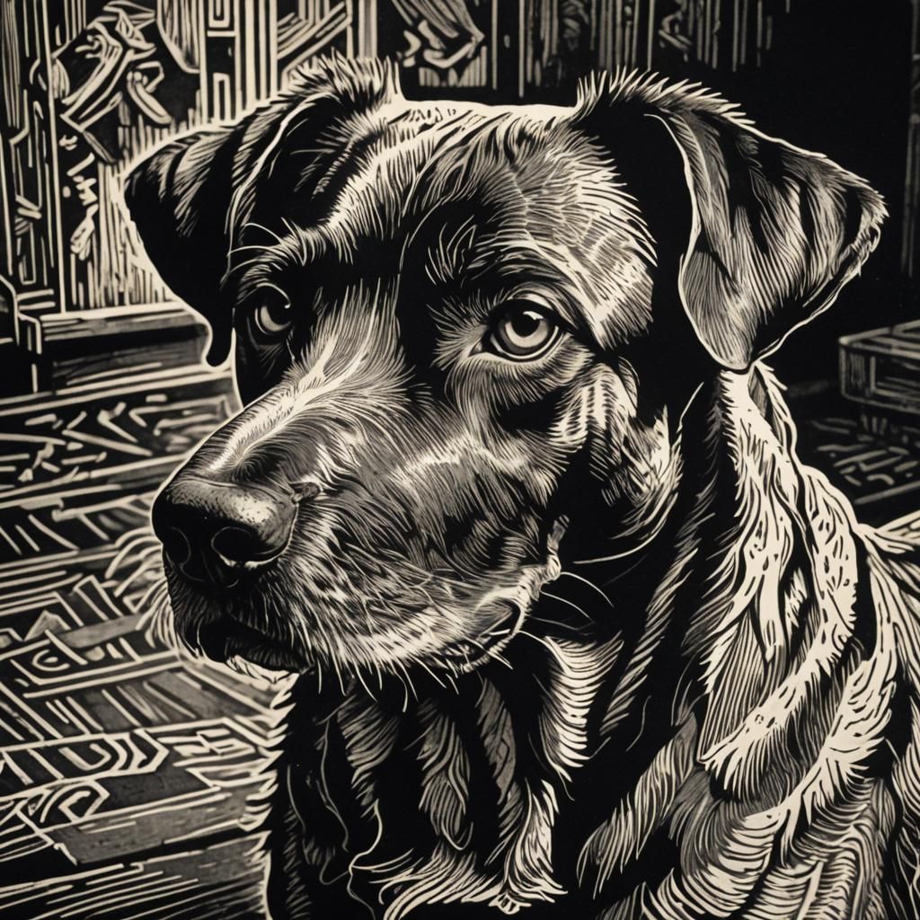 High Contrast Linocut Portrait of a Dog