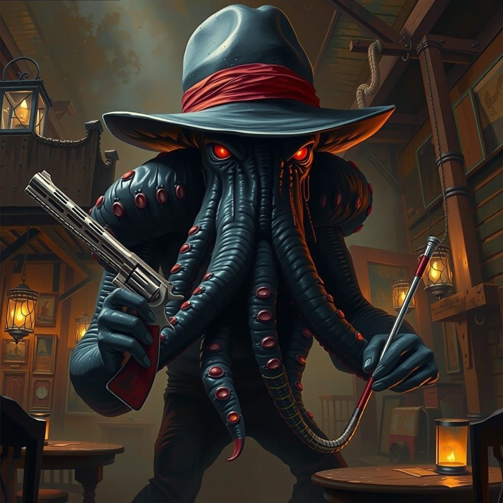 Majestic Black Squid in Old West Saloon, Wearing Fedora and ...
