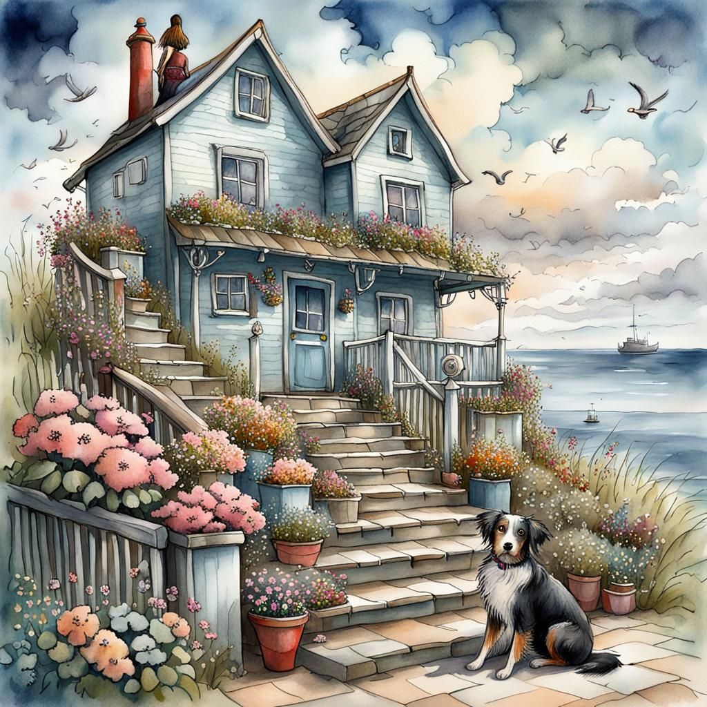 Whimsical Cottage Scene with Girl and Dog