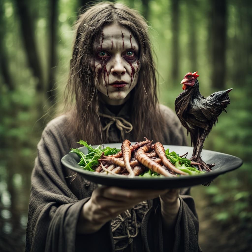 Young Baba Yaga Witch with Chicken Feet Salad