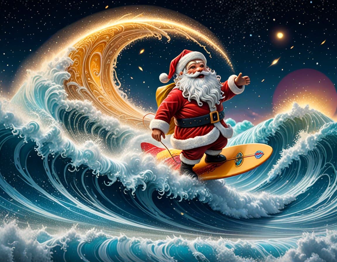Charming Santa Surfer Rides Comet's Golden Tail